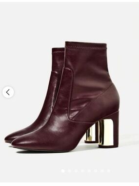Zara Burgundy Leather Ankle Boots with Metallic Block Heel